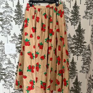 Maeve Beige Maxi Skirt with Red Strawberry Pattern